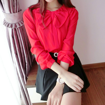 2015春季新款 韩版蝴蝶结 泡泡袖 衬衫女 长袖红色气质雪纺衫