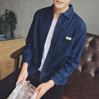 iFashion秋季男装新款蓝色英伦长袖牛仔衬衫潮男修身薄款纯色衬衣