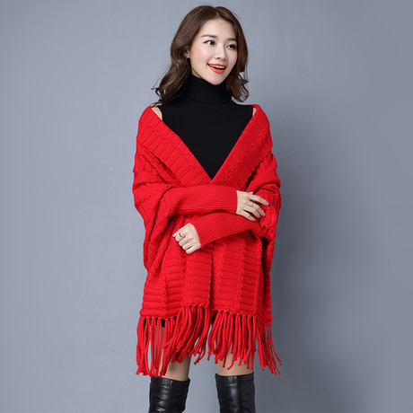 00 大红色蝙蝠衫冬季女外套斗篷可以穿的披肩多功能针织毛衣