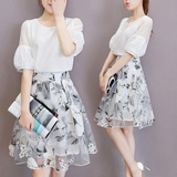 2015夏季新款时尚女装短袖欧根纱印花套装裙雪纺两件套连衣裙子女
