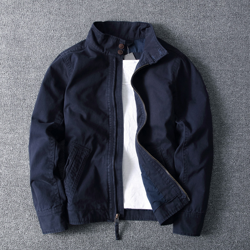 春秋冬男日韩时尚做旧简约纯棉纯色迷彩厚实短款修身立领夹克外套