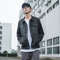 七号宇宙冬季原创男装美式工装街头机车个性涂层牛仔夹克外套男潮