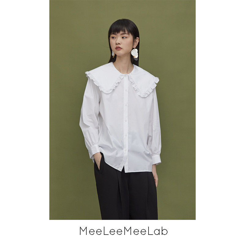 MeeLeeMeeLab 原创早秋复古荷叶边大翻领衬衣设计感娃娃领衬衫女
