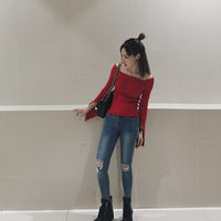 2016秋季韩版新款一字领套头针织衫女红色修身显瘦开叉长袖打底衫