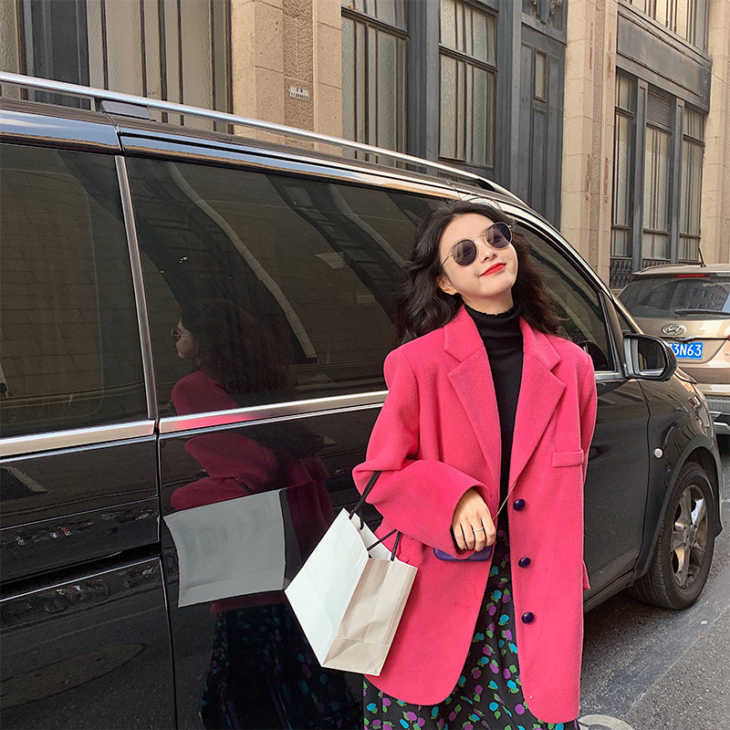 范智乔 毛呢西装外套女秋冬复古港风宽松vintage枚红色呢子大衣服