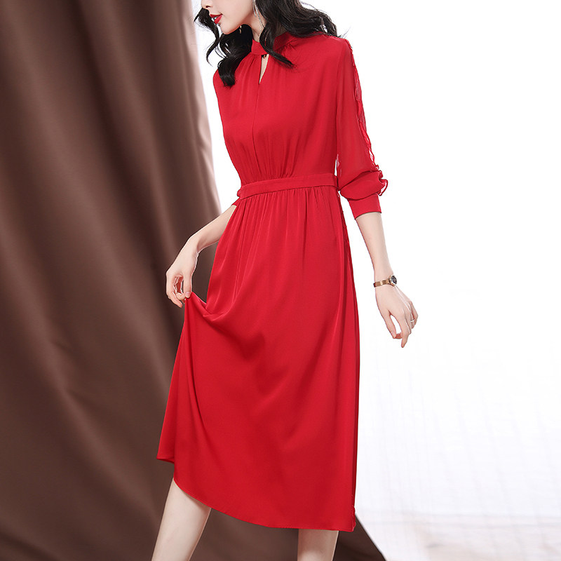 真丝连衣裙2021年夏季新款时尚红色长袖杭州中长款高端桑蚕丝裙子