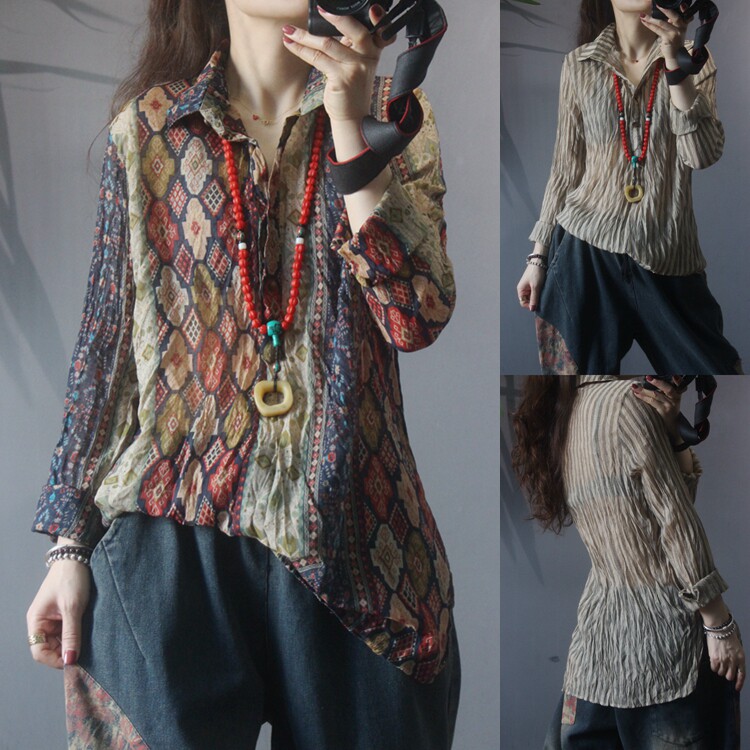 复古民族风长袖衬衫女春季日系女装原宿风宽松大码印花半开上衣潮