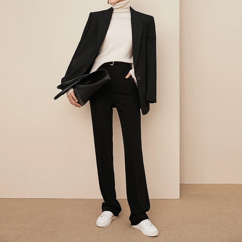 夏莫卡西装裤女秋款长款高腰直筒裤显瘦通勤垂感黑色阔腿裤女K797