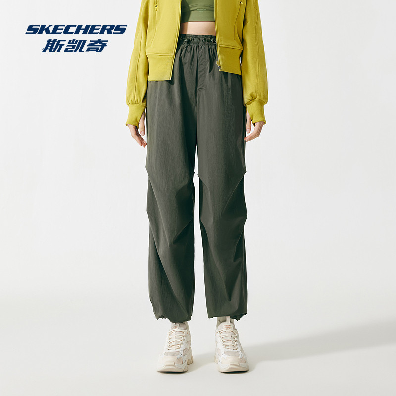 斯凯奇速干伞兵裤闪穿裤春夏女款阔腿褶皱凉感运动工装抽绳长裤