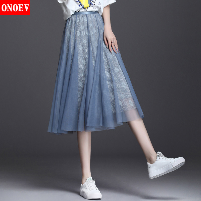 Onoev女装2021秋季新款半身裙高腰短裙百褶网纱裙伞裙显瘦中裙女