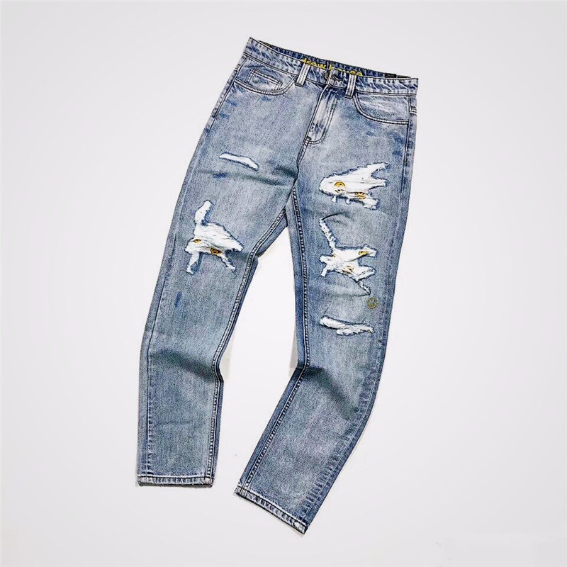 Drew笑脸破洞破坏水洗刺绣牛仔裤男女高街风休闲比伯欧阳娜娜同款
