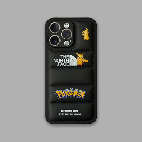 Black — Pokemon The North Face New Pikachu Puffy Puffer Down Jacket 15, 14, 13, 12, 11 iPhone Case