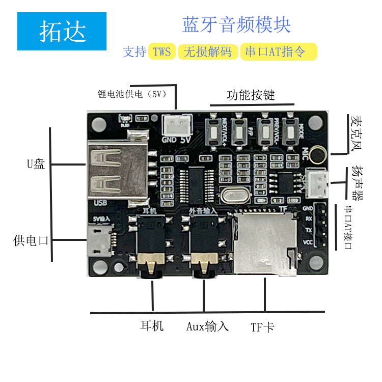 蓝牙音频数传模块TD611 AT指令TF卡U盘双模透传TD5165A芯片方案