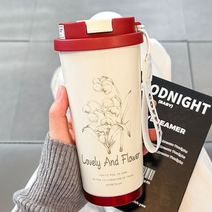 铃兰花保温杯男女316不锈钢车载双饮咖啡杯吸管泡茶水分离水杯