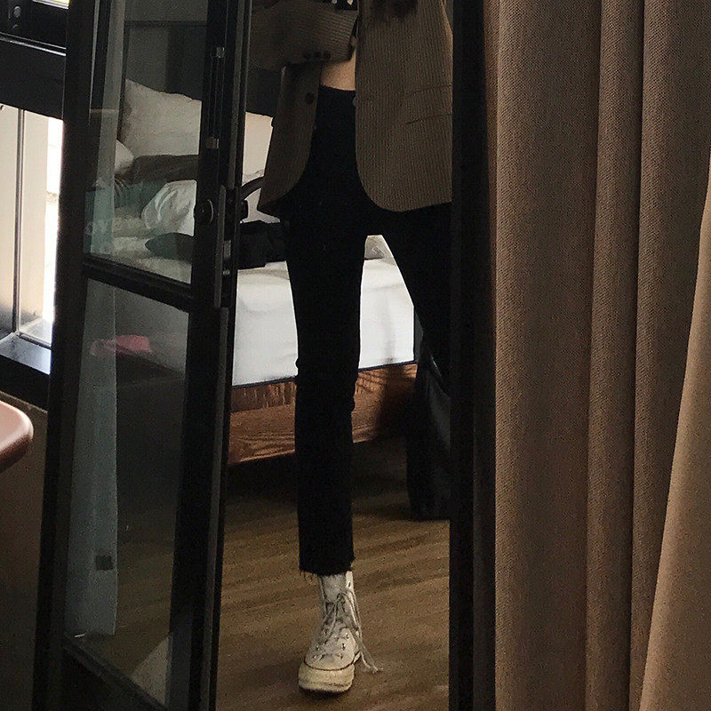 王少女的店紧修身牛仔裤新款黑色显瘦高腰九分百搭微喇叭小脚裤子