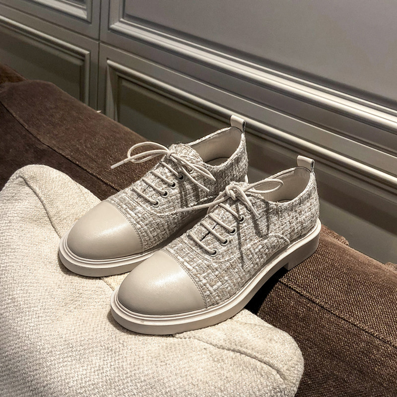 小香风四季单鞋女系带低跟加绒英伦风小皮鞋2021春秋季新款平底鞋