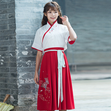 00 2017日常改良汉服学生装短袖交领襦裙服装女刺绣齐胸襦裙两件套夏
