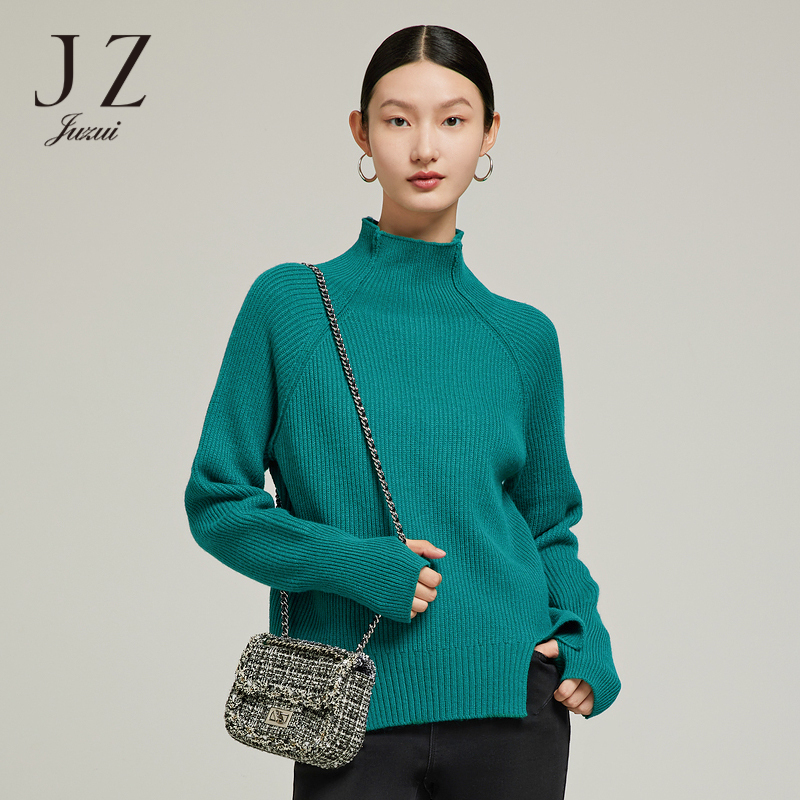 JZ玖姿时尚半高领羊毛针织衫女装2022冬季插肩袖毛衣
