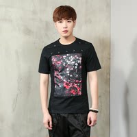 2016新款夏无形闪月韩版潮牌男个性铆钉花卉印花贴布修身短袖T恤