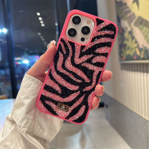 Girls Zebra Stripes Shiny Rhinestone Diamond Bling – Luxury 15, 14, 13, 12 iPhone Case