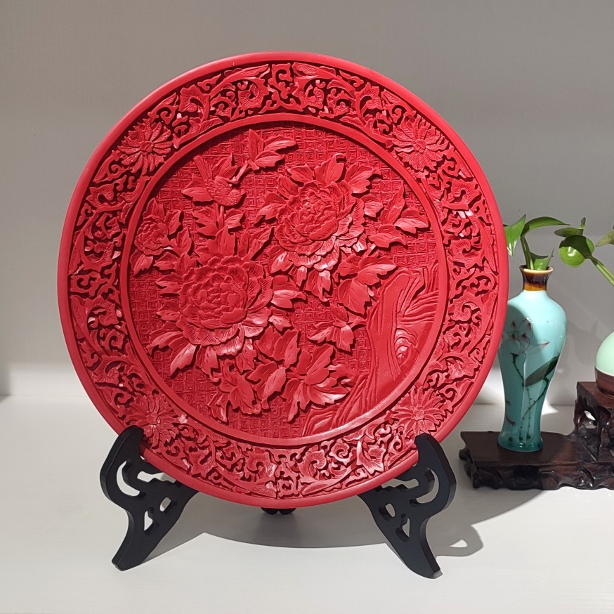 蔵友館蔵品・漆器漆彫・剔紅・鳥語花香紋缸】・希少珍品・置物・賞物