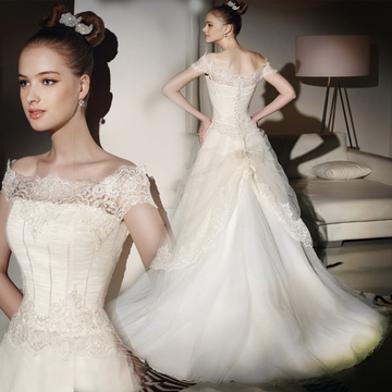2015 spring new stylish slim Europe vintage lace line trailing the bride wedding dresses one shoulder dress