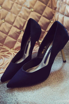 优雅气质性感黑深蓝色绒面尖头金属细高跟单鞋子 春韩版时尚女鞋