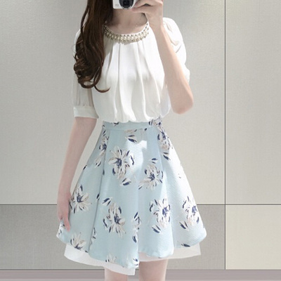 2015新款女装夏显瘦韩版两件套装裙子短袖雪纺小香风印花连衣裙女