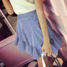 2015夏季新款女装 韩版甜美气质蓝白条纹高腰荷叶边裙短裙半身裙