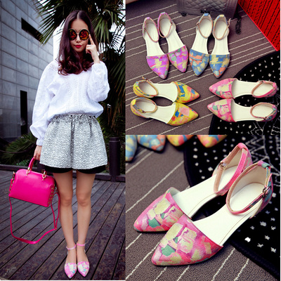 韩版时尚新品粗跟凉鞋女彩虹色包头尖头女鞋夏包跟低跟凉鞋大小码