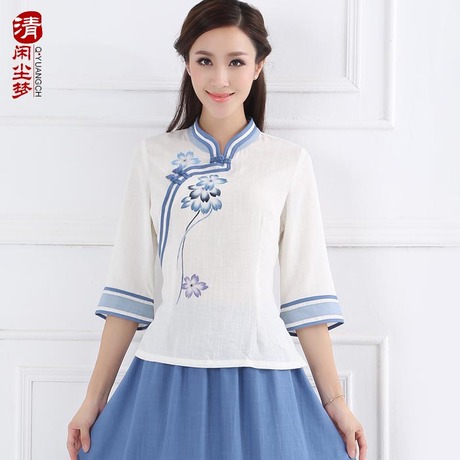 2016秋居士服文艺汉服女古装唐装中式棉麻茶艺师服女套装修身上衣