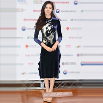 韩国2018年春秋明星秋瓷炫走秀新款女装大牌时尚绣花丝绒连衣裙女-