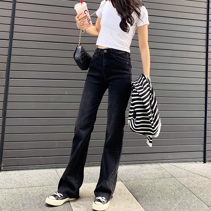 黑色高腰阔腿加绒加厚牛仔裤女冬宽松2021春秋小个子拖地直筒长裤