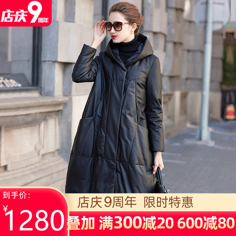 2021冬新款海宁绵羊皮皮衣女宽松真皮羽绒服白鸭绒连帽中长款外套