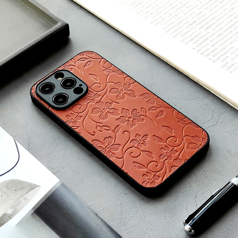 Embossed Premium Flower Genuine Leather 15, 14, 13, 12, 11 iPhone Case