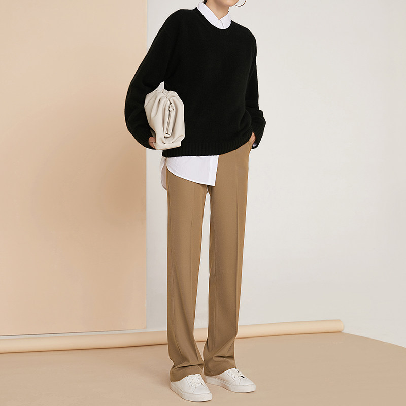 夏莫卡简约通勤显瘦时装裤2021秋季垂顺开叉小直筒西装裤女K703-2