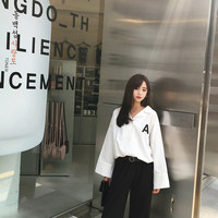 ZZhen自制韩版学院风宽松长袖白衬衫女 韩范前短后长喇叭袖衬衣秋