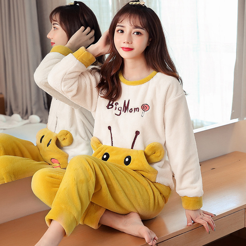 睡衣女秋冬季珊瑚绒可爱卡通加厚加绒保暖法兰绒毛家居服套装冬天