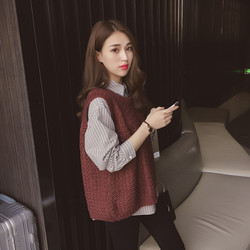 衬衫女长袖2017春装新款韩版宽松条纹两件套毛衣马甲百搭学生衬衣