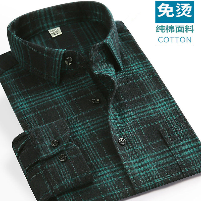 加肥加大码男装长袖格子衬衫胖子肥佬中年免烫加大号纯色保暖衬衣
