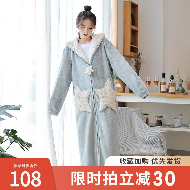 睡衣女秋冬长款珊瑚绒睡袍冬季加绒加厚情侣法兰绒睡裙男士家居服