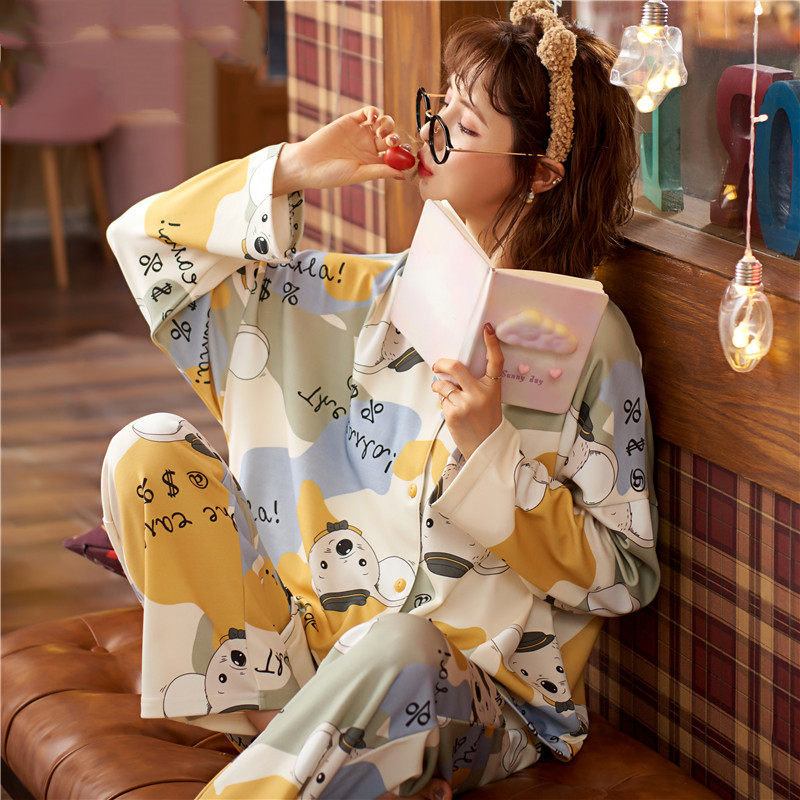 睡衣女春秋季纯色棉质长袖可爱卡通家居服韩版宽松大码可外穿套装