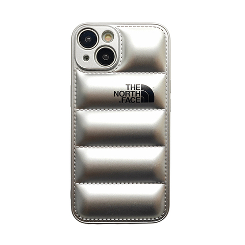 Silver — The North Face Puffer Jacket Style New Silicone TPU 15, 14, 13, 12 iPhone Case