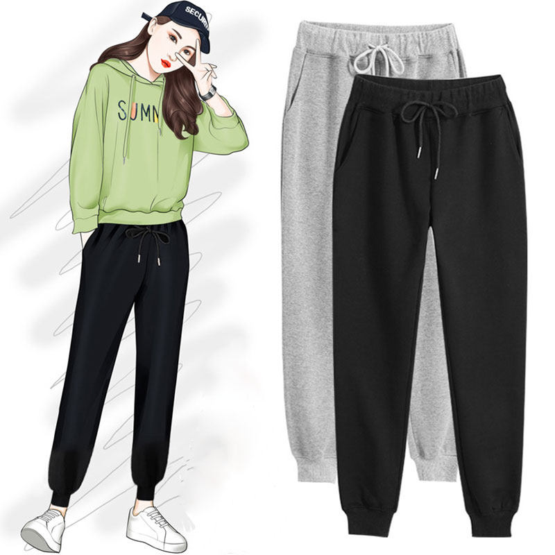 加肥加大码运动裤女春秋加绒宽松胖mm束脚卫裤抽绳纯棉休闲哈伦裤