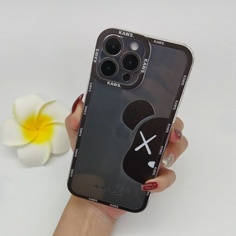 Black — Kaws Bear Couples Transparent Clear Silicone TPU 15, 14, 13, 12 iPhone Case