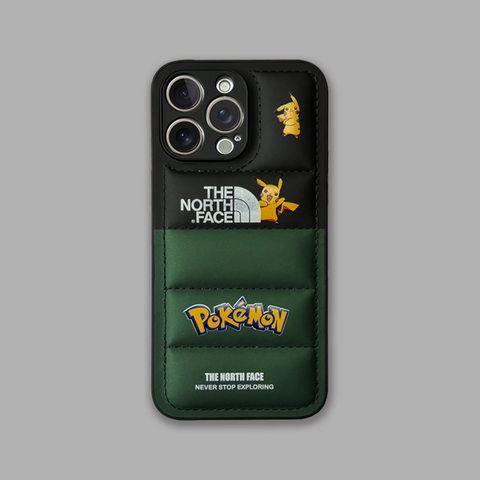 Green — Pokemon The North Face New Pikachu Puffy Puffer Down Jacket 15, 14, 13, 12, 11 iPhone Case