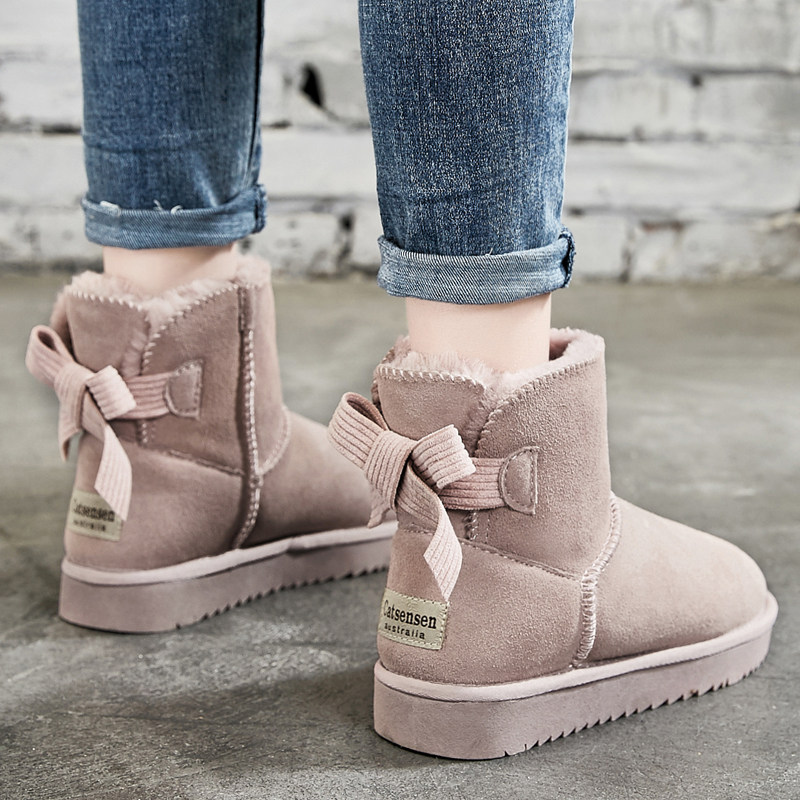 新款蝴蝶结真皮雪地靴女短筒冬季2020加绒保暖短靴子学生防滑棉鞋