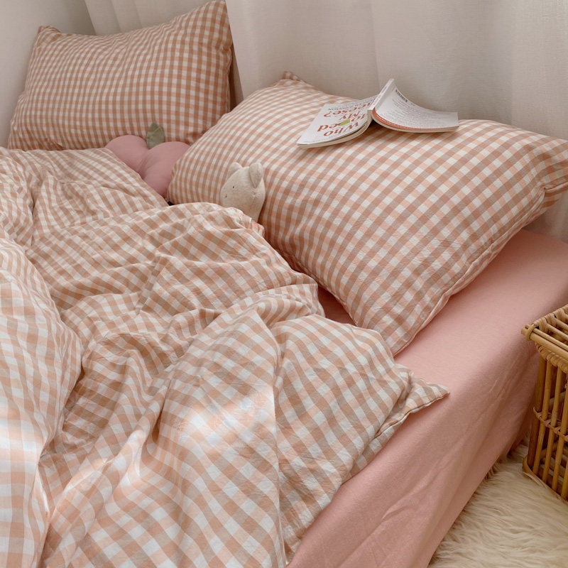 全棉水洗棉床上四件套纯棉100格子被套罩床单宿舍三件套四季通用
