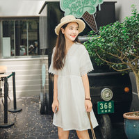 C小小整件白白色蕾丝领V领短袖套头宽松显瘦韩国夏季2016连衣裙女