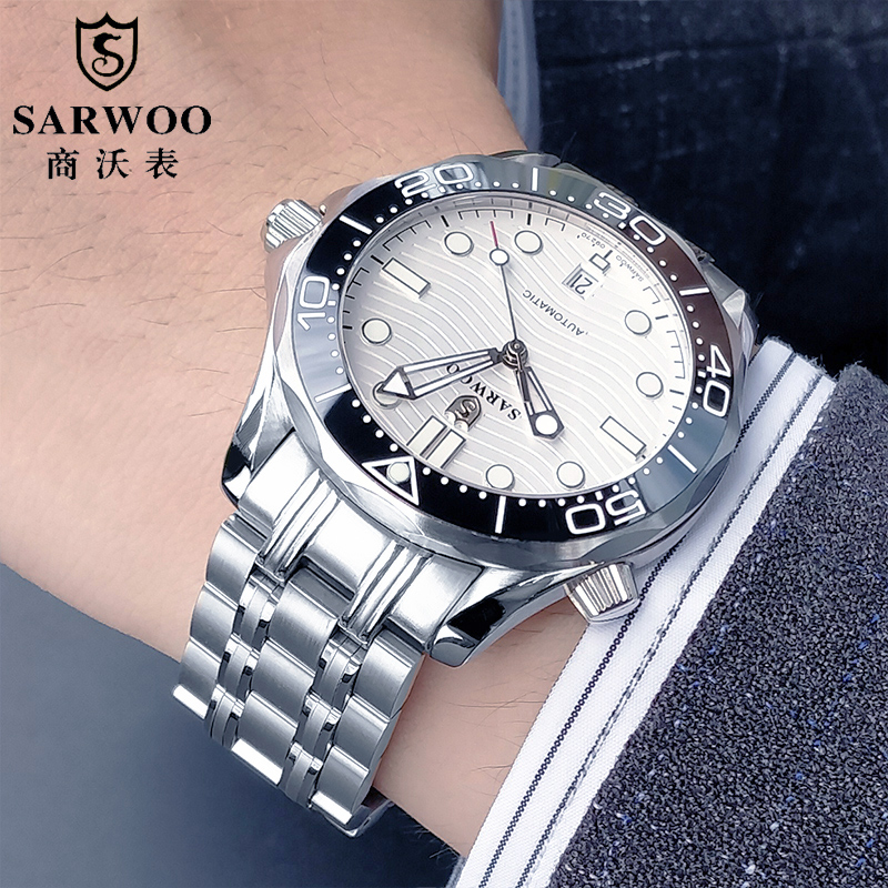 SARWOO正品日本机芯手表男士全自动机械表灰游艇水鬼学生防水时尚